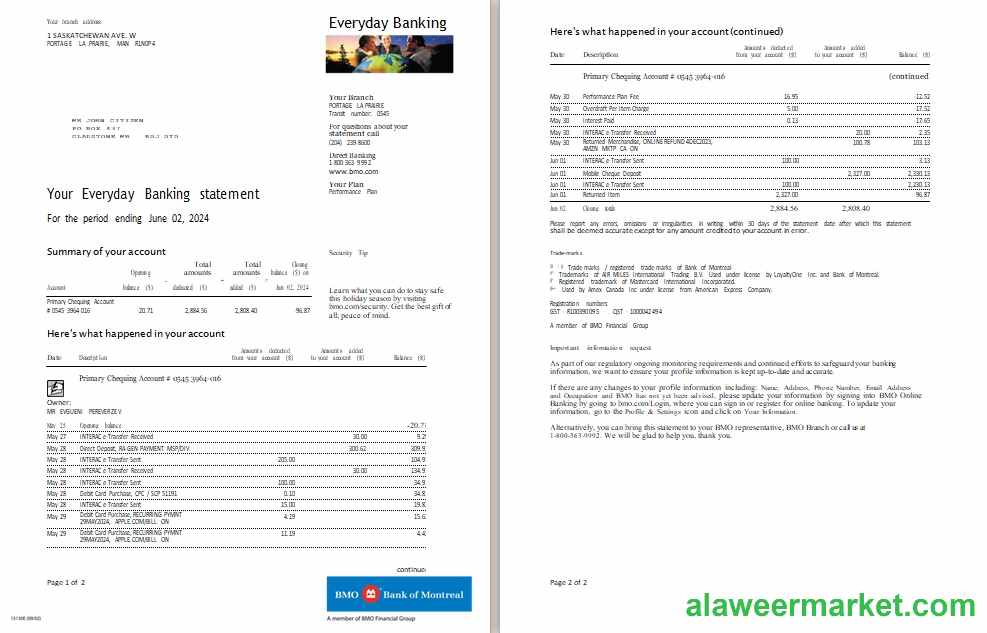 Canada BMO bank everyday banking statement scr